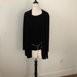 Long sleeve shirt w/ sewn on jacket and silver belt.